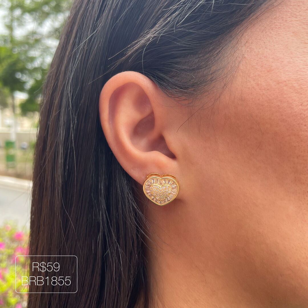 Brinco Coração Baguetes Luxo Cravejado Cristal Dourado